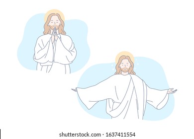 Jesus, Bible, christianity, pray set concept. Jesus Christ prays for all people. Symbols of christianity are Bible and Messiah. Son of God spreads hands to forgive all humans sins. Simple flat vector