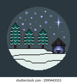 Jesus Birth House, Nativity in Glory Night Concept with Star Background in Pixel Drawing Style.
