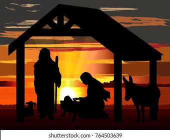 Jesus birth nativity vector illustration, black silhouettes against a sunset background.