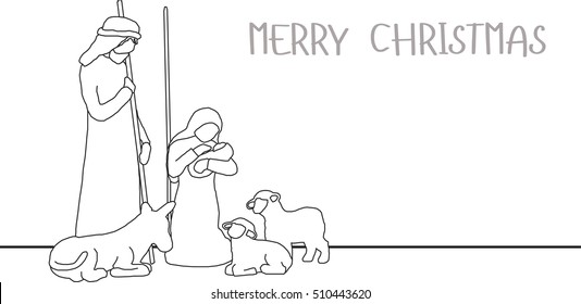 Jesus Birthday On Christmas Day, Baby Born In Poor Family With Sheep, Mary And Joseph In Bethlehem, Graphic Outline Vector