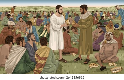 Jesus breaking loaves of bread to give to the disciples who give to the crowd of people sat on the green grass.  Biblical image showing the feeding of the five thousand as told in the gospels.