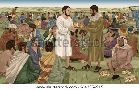 Jesus breaking loaves of bread to give to the disciples who give to the crowd of people sat on the green grass.  Biblical image showing the feeding of the five thousand as told in the gospels.