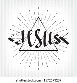 Jesus Calligraphic Brush Logo Lettering as Mystic Religious Jesus Christ Symbol Fish Sign over Rays Circle and Triangle Creative Concept - Black on White Background - Vector Contrast Graphic Design