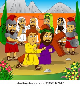 Jesus carried the cross assisted by Simon from Cyrene, children's Bible illustrations, education, religion, posters, websites, t-shirts, printing and others