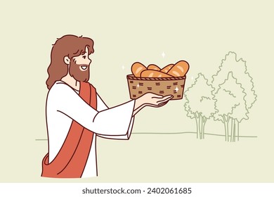 Jesus carries bread in basket, fulfilling biblical prediction from christian religion about second coming. Holy jesus wants to feed people and save starving catholic and orthodox believers