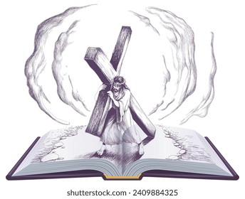 Jesus carries cross open book bible page religion. Vector illustration