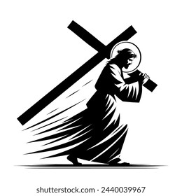 Jesus carrying the cross silhouette. Icon of Jesus in crown of thorns, great suffering of Jesus, vector illustration.