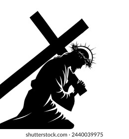 Jesus carrying the cross silhouette. Icon of Jesus in crown of thorns, great suffering of Jesus, vector illustration.