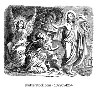 Jesus carrying the cross  banner   woman fallen knees at his feet  an angel sitting behind her outside the tomb  jar ground  vintage line drawing engraving illustration
