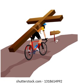 Jesus Carrying His Cross with Bicycle. Golgotha Road. Humorous Vectoral Illustration. White Background Isolated.