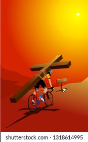 Jesus Carrying His Cross with Bicycle. Golgotha Road. Humorous Vectoral Illustration.