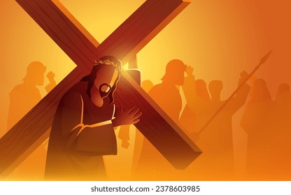 Jesus carrying his cross, as the people of Jerusalem cheer to mock him. Captures a pivotal moment in the Christian narrative, symbolizing themes of suffering, ridicule, and the weight of faith