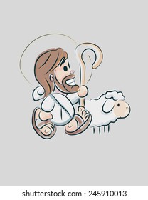 Jesus cartoon d Hand drawn vector illustration or drawing of a smiling Jesus Good Shepherd with a sheep