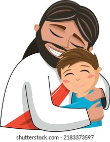 Jesus cartoon gives hug to a child or kid isolated vector illustration eps. Love christian concept.