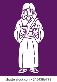 Jesus Celebrates Holy Communion with Bread and Wine Cartoon Graphic Vector