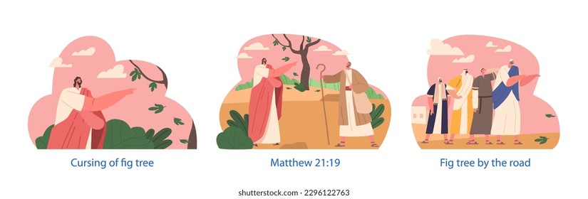 Jesus Character Arrives At A Fig Tree But Finds No Fruit. He Curses The Tree, And It Withers Cartoon Vector Illustration