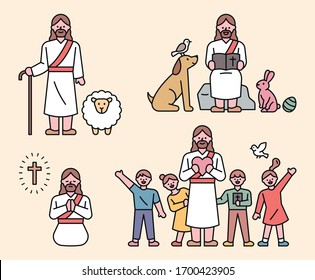 Jesus character. The children are smiling with Jesus. Animals are gathering around Jesus. flat design style minimal vector illustration.