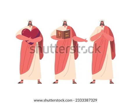 Jesus Character Depicted With Clapped Hands In Prayer, Holding Heart Or Bible, Symbolizes Love And Wisdom, Compassion