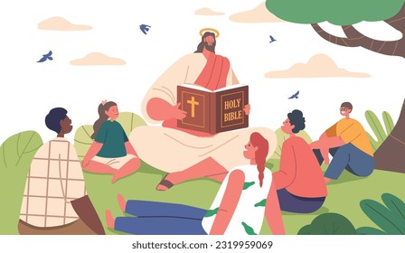 Jesus Character Sharing The Teachings Of The Holy Bible With Children On A Sunny Summer Field, Vector Illustration