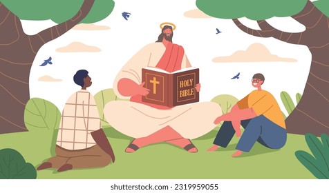 Jesus-Zeichen verbreitet Weisheit und Liebe, lesen Sie die Bibel zu Kindern auf einem sonnigen Sommerfeld, Vektorgrafik