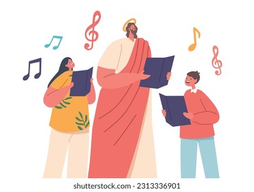 Carácter Jesús Rodeado De Niños Joyos, Cantando Corales Con Notas En Sus Manos. Una escena desgarradora