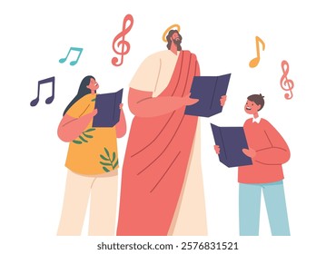 Jesus Character Surrounded By Joyful Children, Singing Chorals With Notes In Their Hands. A Heartwarming Scene