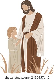 Jesus and child, boho silhouette, christian vector illustration	
