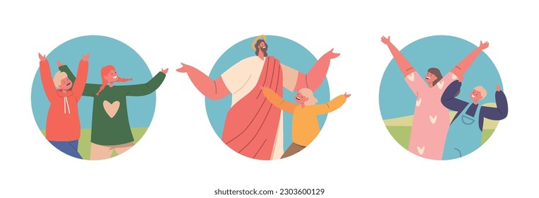 Jesus And Children Character Rejoice On Green Field, Surrounded By Joyful Smiles And Innocent Laughter