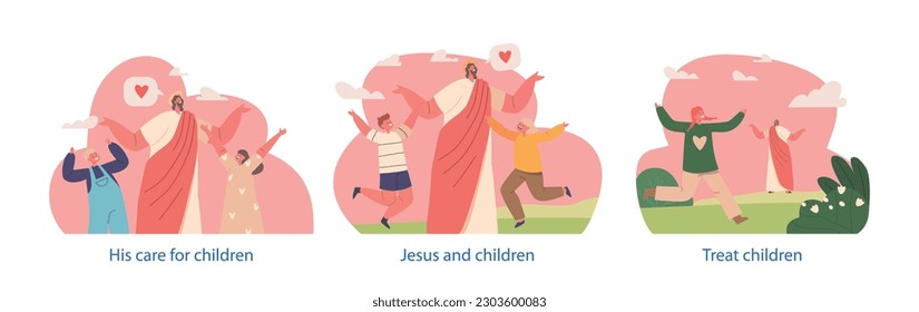 Jesus And Children Characters Celebrate On Grassy Field, Happy Faces And Colorful Clothes Creating Joyful Scene Of Love