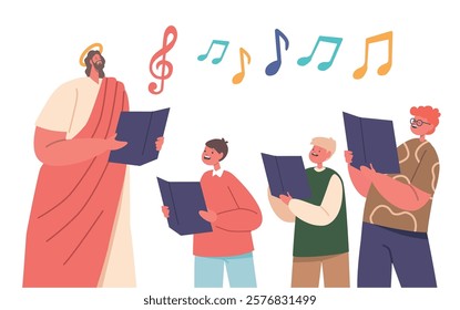 Jesus And Children Gathered, Holding Musical Notes In Their Hands, Singing Harmonious Chorals With Joy And Devotion