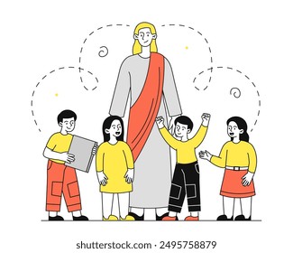 Jesus und Kinder. Gott in der Tunika mit Jungen und Mädchen. Christentum und Katholizismus. Religion und Glaube, Mythos und Legende. Lineare Vektorillustration isoliert auf weißem Hintergrund