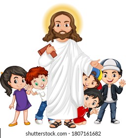 Jesus with a children group cartoon character illustration