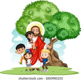 Jesus with a children group cartoon character illustration