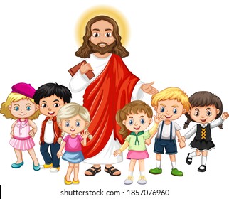 Jesus with a children group cartoon character illustration