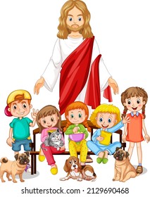 Jesús y niños en ilustración de fondo blanco