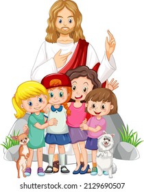 Jesus und Kinder auf weißem Hintergrund, Vektorgrafik