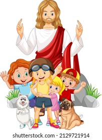 Jesus und Kinder auf weißem Hintergrund, Vektorgrafik