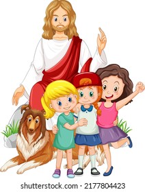 Jesús y niños en ilustración de fondo blanco