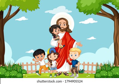 Jesus with children in the park illustration