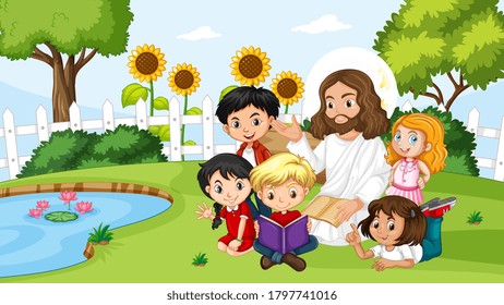 Jesus with children in the park illustration