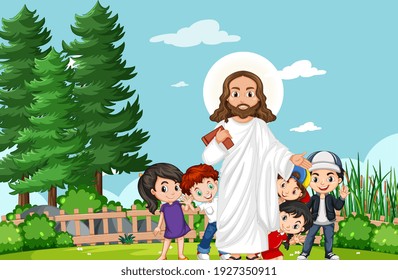 Jesus with children in the park illustration