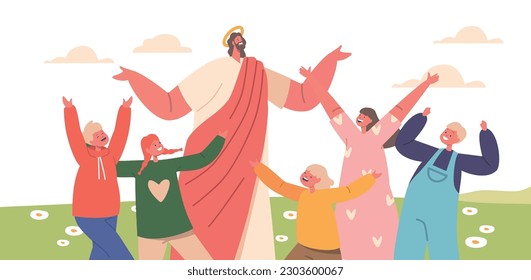 Jesus And Children Playing And Celebrating In A Beautiful Field, With Laughter, Joy, And Pure Happiness, Illustration