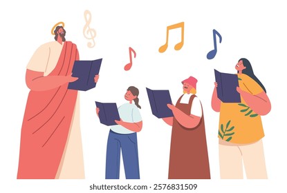 Jesus And Children Sing Chorals With Notes In Hands, Spreading Joy And Harmony. Melodies, Vector Illustration