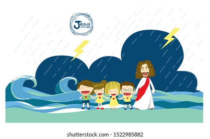 Jesus and Children walking on the sea, in the storm and thunder, Jesus cartoon vector is in blue tone