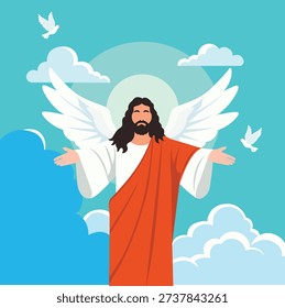 Jesus Christ with Angels Wings in the Clouds