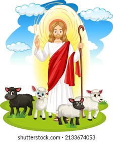 Jesus Christ and animals in cartoon style illustration