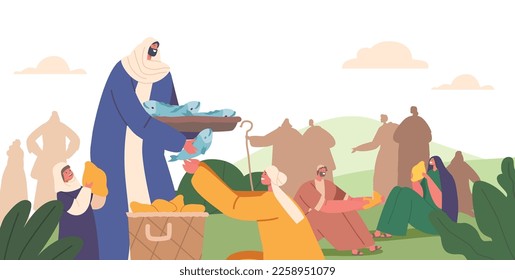 Jesus Christ Apostle Character Giving Food to Woman and her Son. Feeding Hungry Hearers with Five Loaves and Two Fish Biblical Miracle. Giving Food to Believers. Cartoon People Vector Illustration