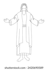 Jesus Christ with arms outstretched, line art style.Yappy Easter. Vector