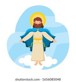 Jesus Christ ascending to heaven over clouds. vector illustration