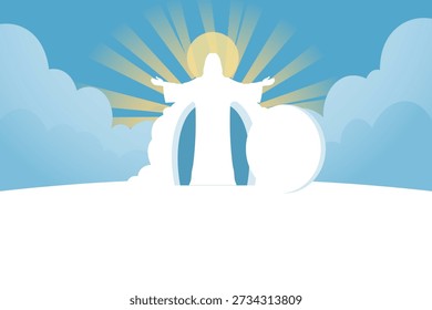 Jesus Christ ascends into heaven surrounded by clouds and divine light rays